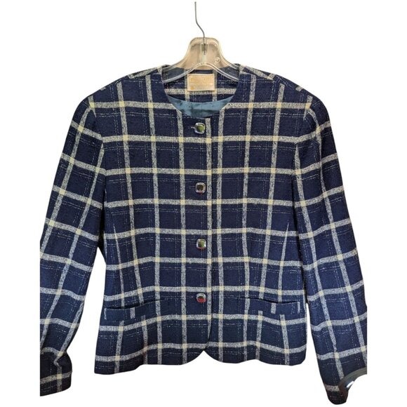 VTG Pendleton Women's Plaid 100% Virgin Wool Blazer Jacket Size 12 Navy & Cream - Picture 1 of 11
